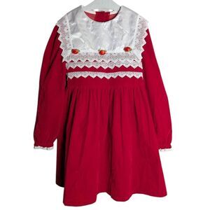 Vintage 90s Evy Red & White Velvet Big Collar Holiday Long Sleeve Dress Girls 6X